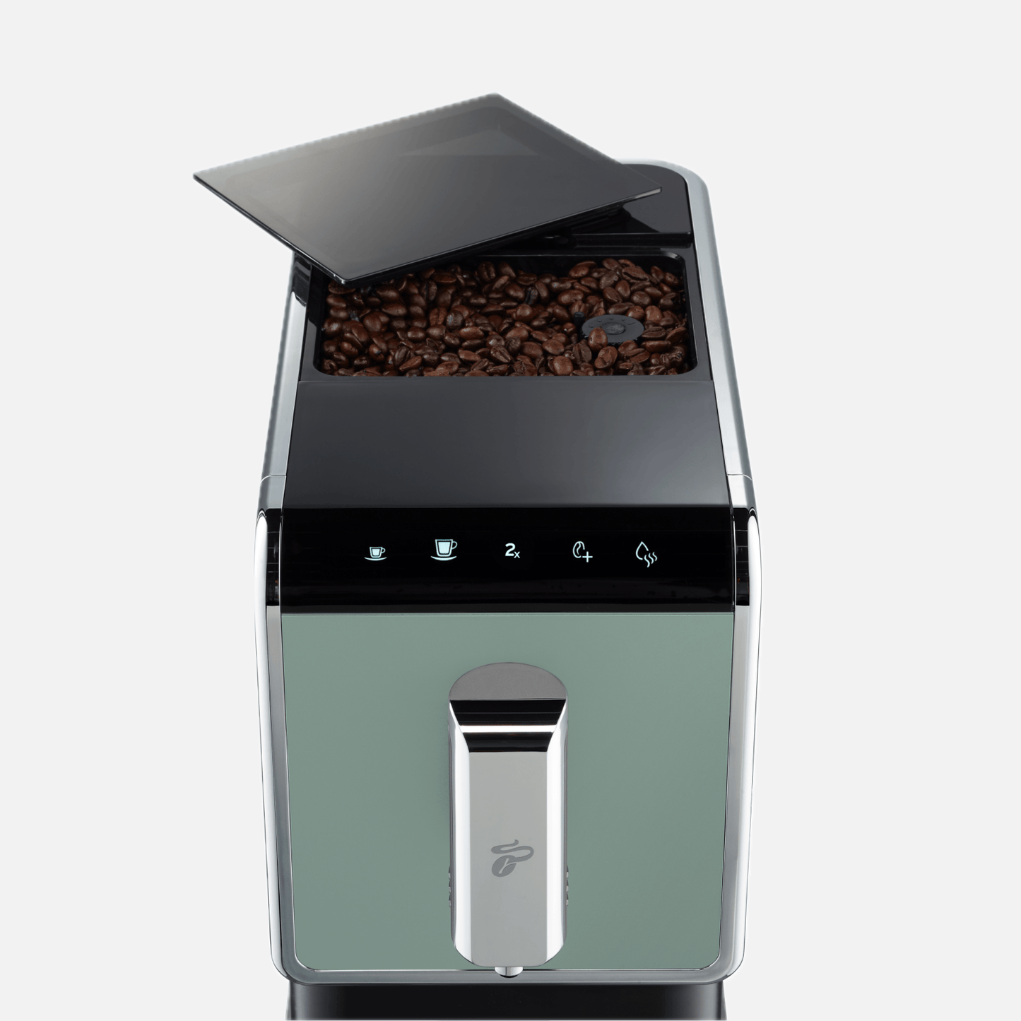 Nahaufnahme der Oberseite des Tchibo Esperto Caffè in Mint, mit leicht geöffnetem Deckel des Bohnenfachs, durch den Kaffeebohnen sichtbar sind.