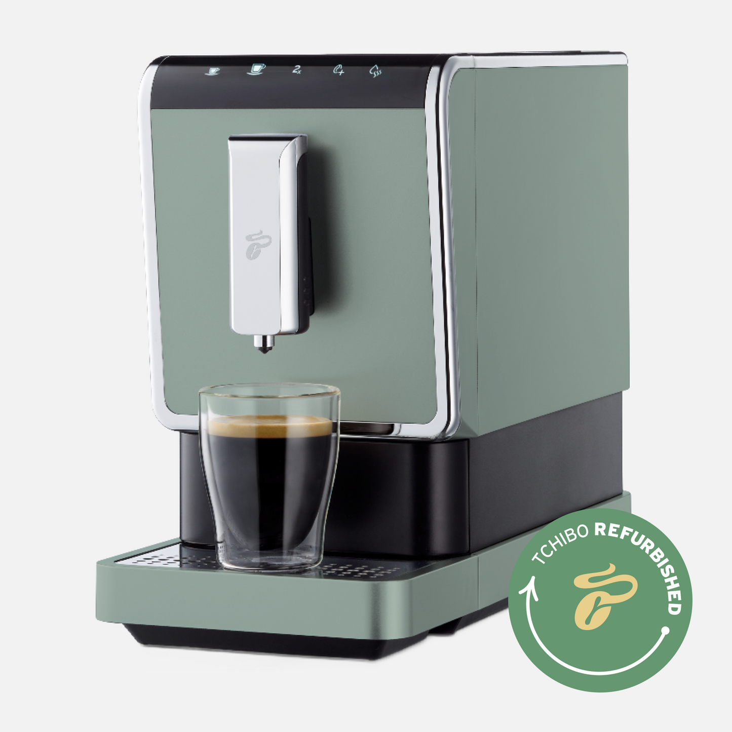 Produktbild des Tchibo Esperto Caffè Vollautomaten in Mint, aus einer schrägen Frontansicht, mit deutlich sichtbarem Refurbished-Logo.