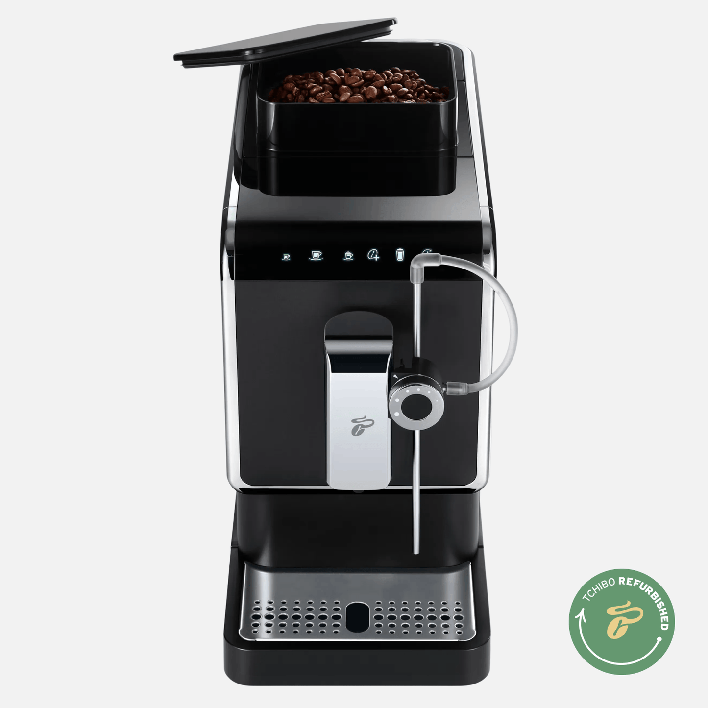 Bohnenfach mit Kaffeebohnen oben am Tchibo Esperto Pro mit "Tchibo Refurbished"-Siegel
