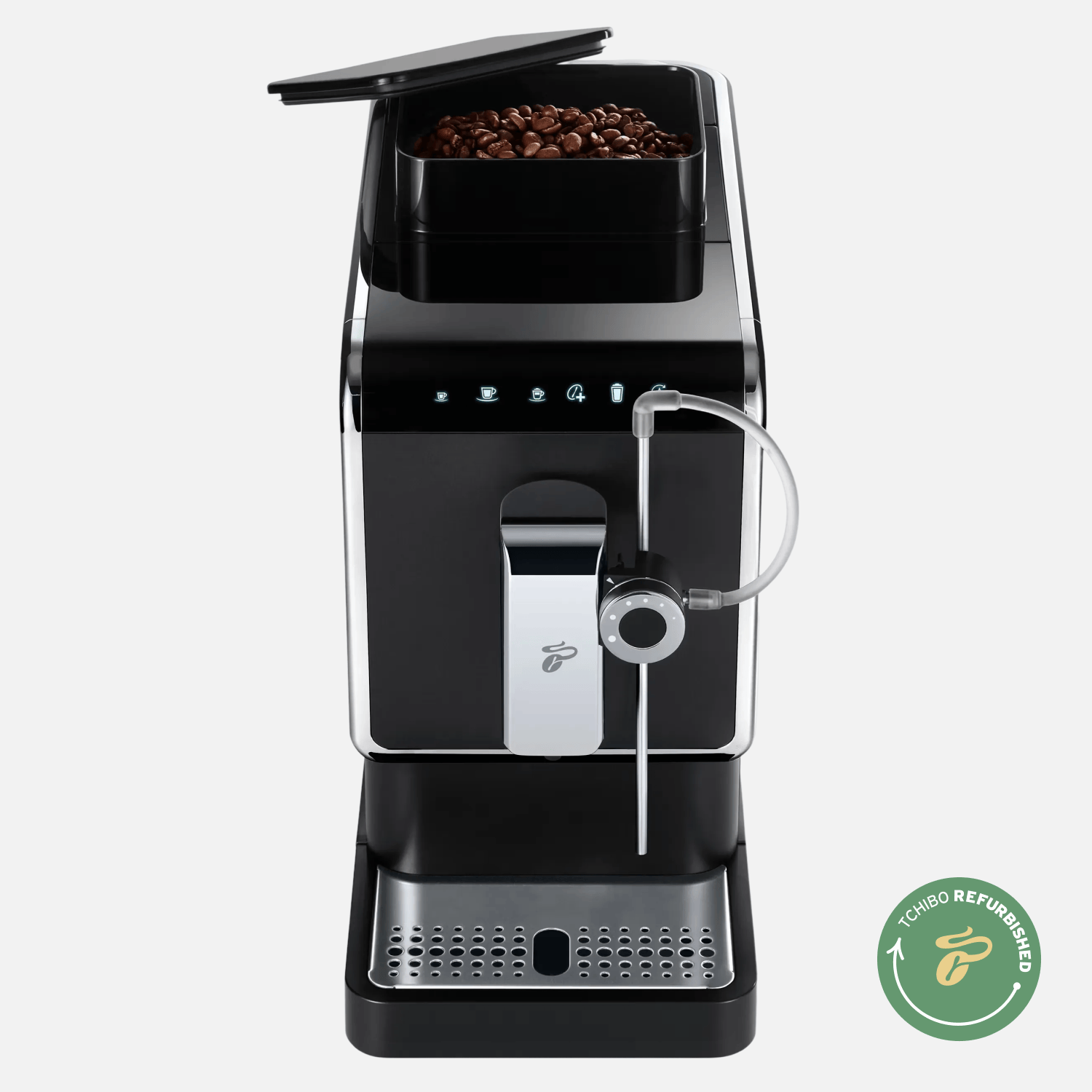 Bohnenfach mit Kaffeebohnen oben am Tchibo Esperto Pro mit "Tchibo Refurbished"-Siegel