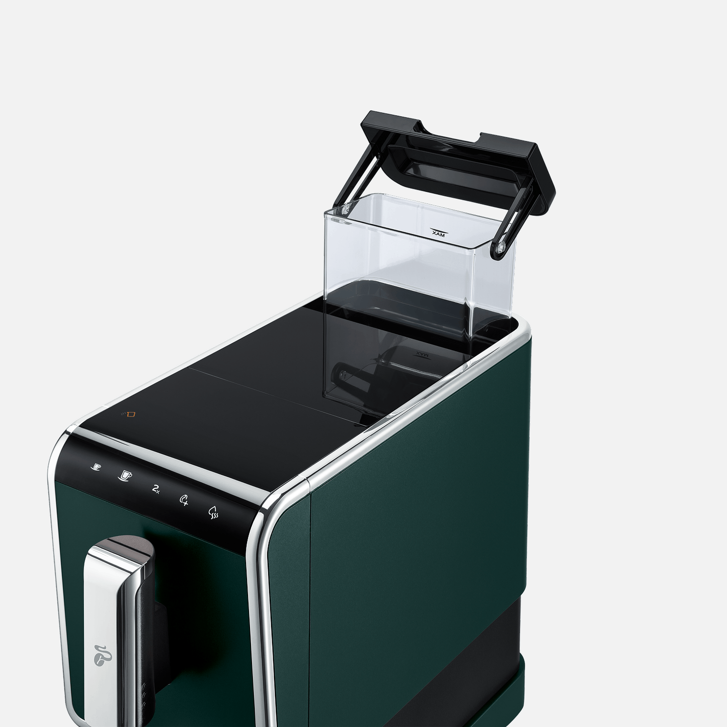 Nahaufnahme des halb herausgezogenen Wasserbehälters des Tchibo Esperto Caffè in Dark Green.