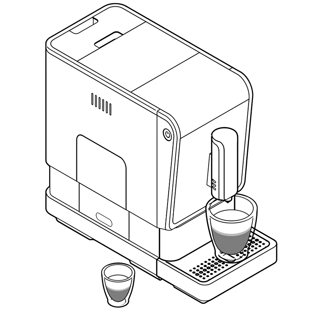 echnische Zeichnung einer Tchibo Esperto Caffè Kaffeevollautomaten der ersten Generation. Rechts neben der Maschine steht eine Espressotasse, unter dem Auslauf befindet sich eine größere Kaffeetasse.