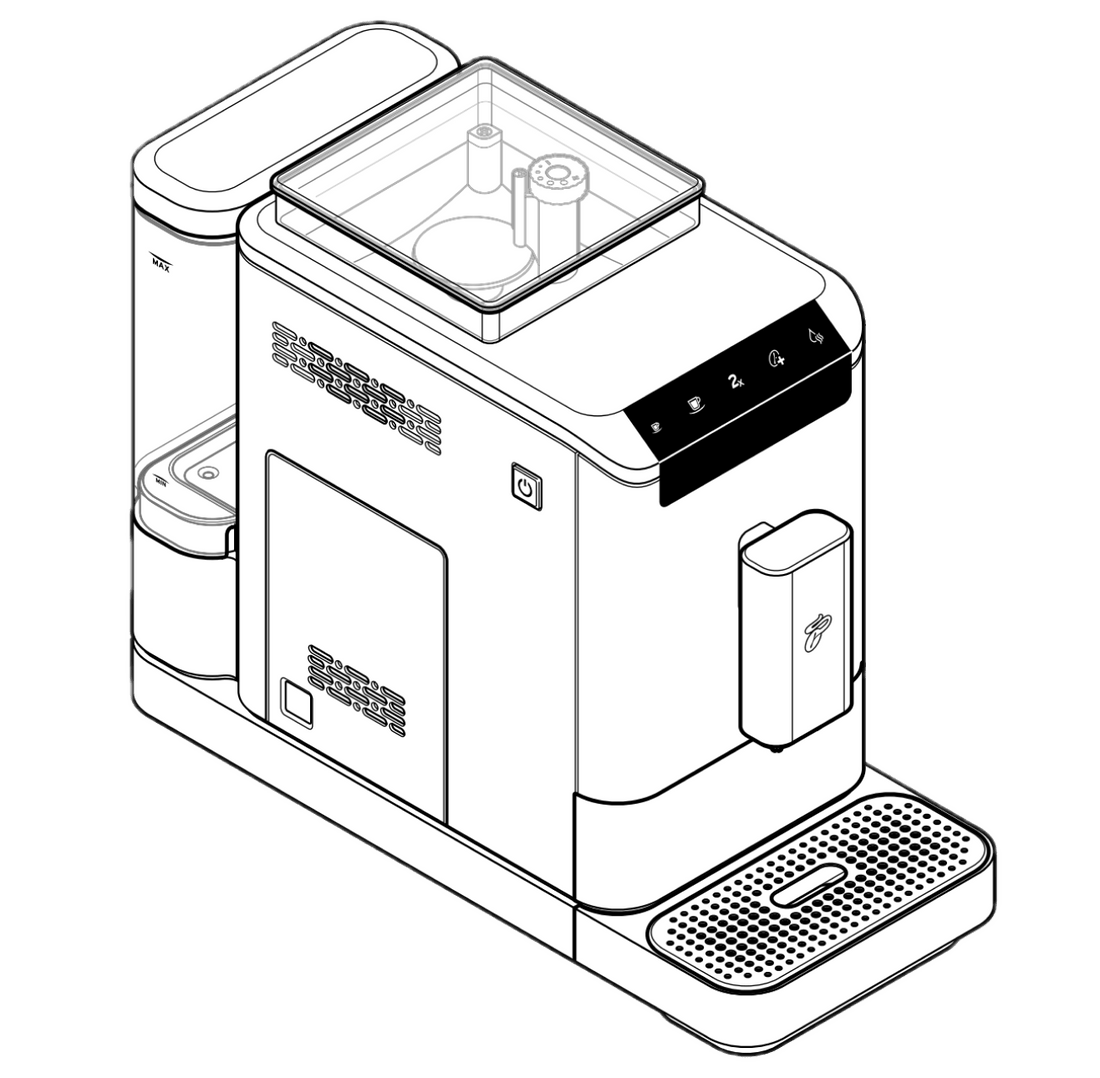 Technische Illustration eines kompakten Tchibo Esperto2 Caffè Kaffeevollautomaten mit abgerundet rechteckigem Gehäuse, transparentem Deckel mit sichtbarer kreisförmiger Brühgruppe, Front-Bedienfeld mit nummerierten Funktionsknöpfen, zylindrischem Wasserauslauf rechts, perforierter Abtropfschale im Sockel und seitlicher Zugangsklappe links für Tank oder Bohnenfach.